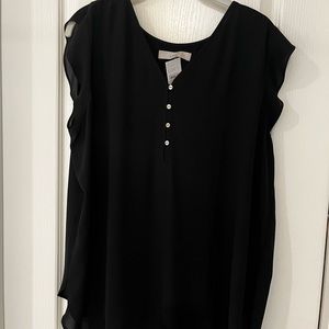 Black mixed media shirt with flutter sleeves and gold buttons